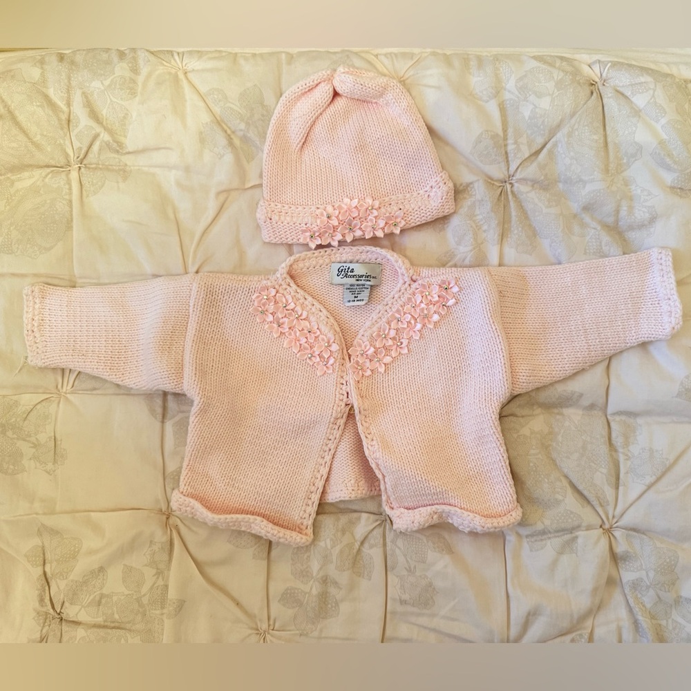 Baby Pink Knit Sweater and Hat Set Size 12-18 months